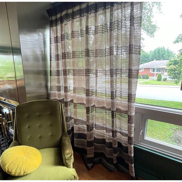 Vintage 70s pleated curtain, dark brown & almond, net woven, long panel - Picture 1 of 9